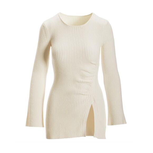 Boston Proper M Side Slit Ruched Sweater | Tunic Flare Sleeves Ribbed, Off-White - Picture 1 of 9